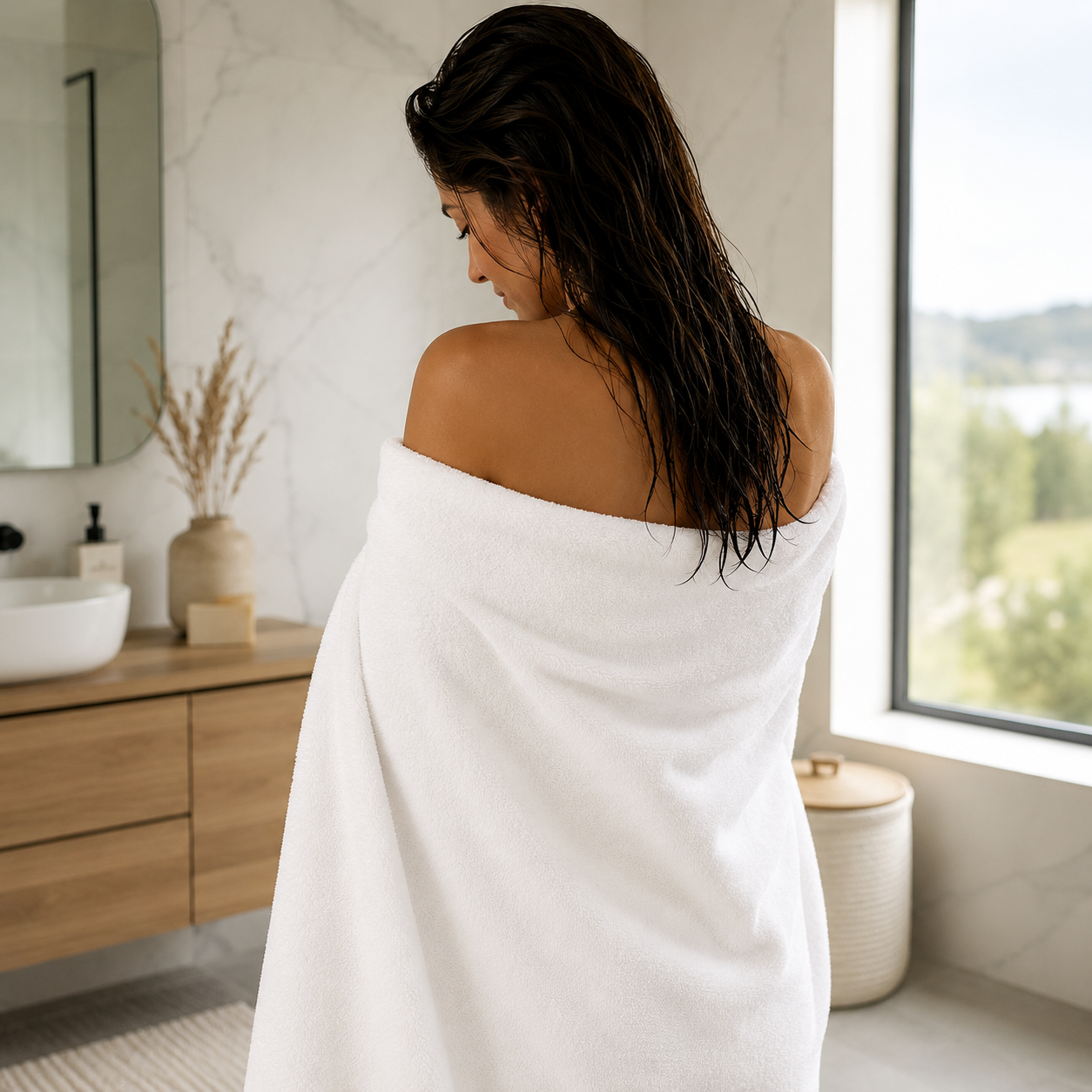 Mulher a secar o cabelo com uma toalha branca premium